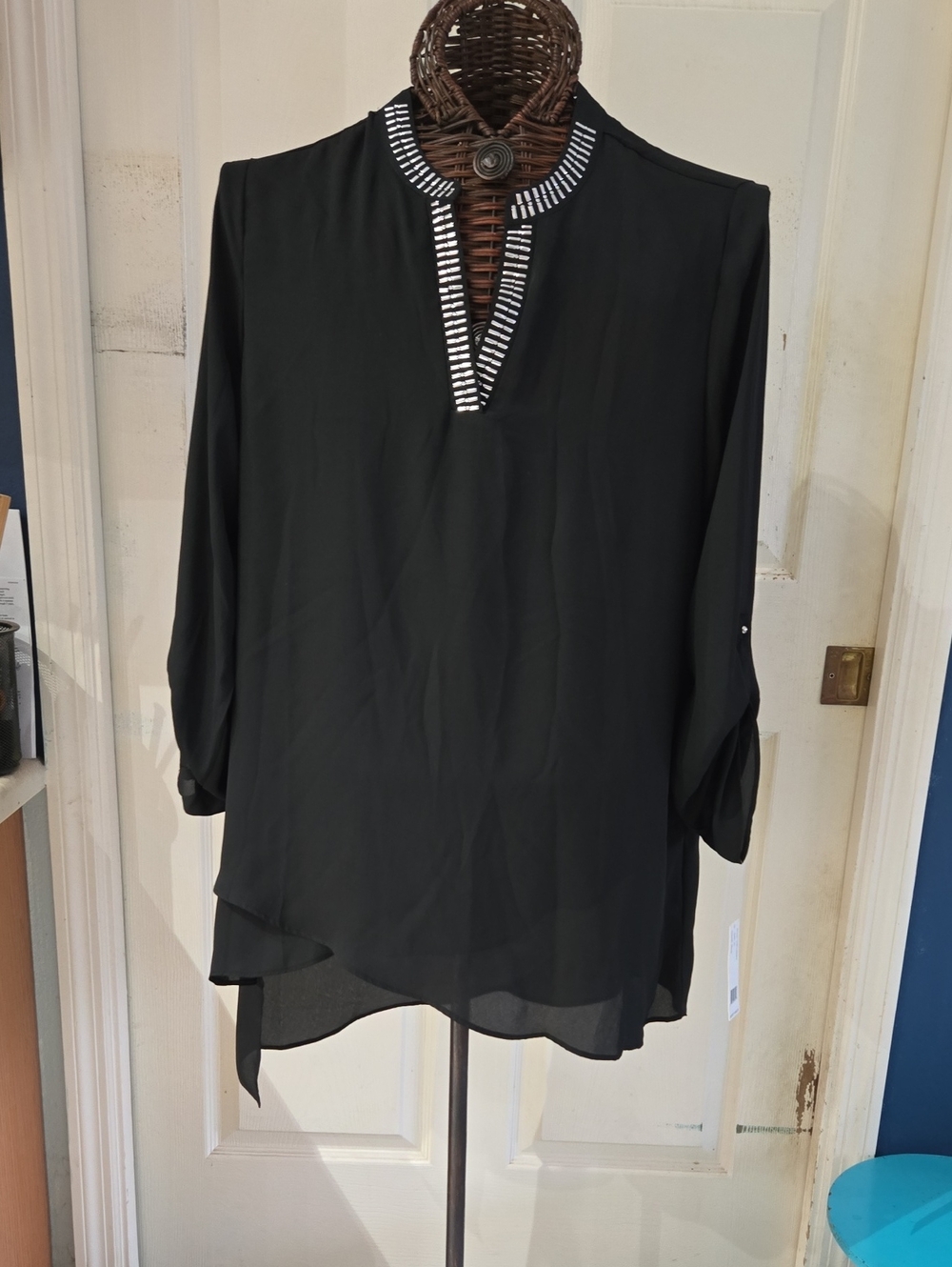 Zac & Rachel Black Long-Sleeve Split-Neck Tunic with Stripe Trim-Size XL